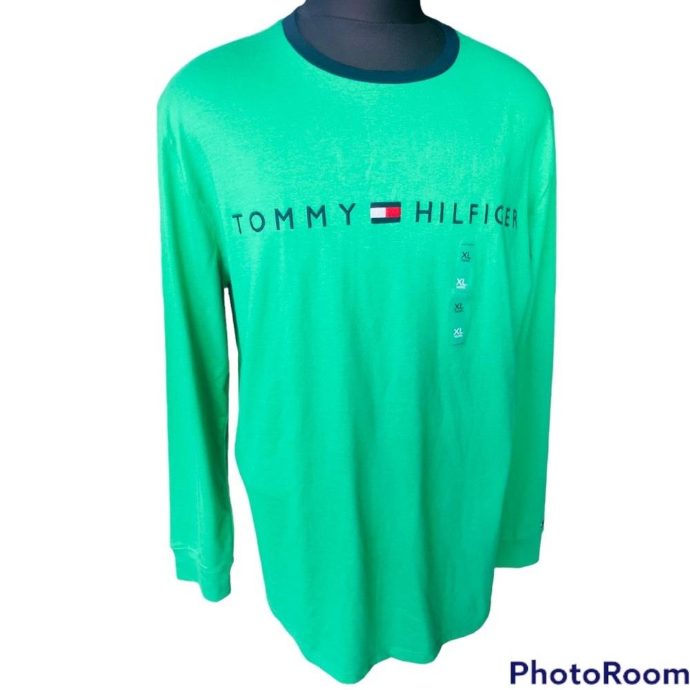 Tommy Hilfiger Men's Long Sleeve Logo T Shirt Green - Picture 2 of 6